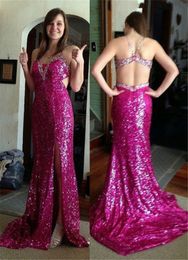 Fully Sequined Floor Length Prom Dress with Side Slit Rose Pink Sequin Long Evening Dress Open Back