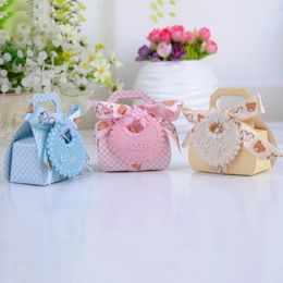 Bear Shape DIY Paper Wedding Gift Christening Baby Shower Party Favor Boxes Delicate Candy Box with Bib Tags & Ribbons