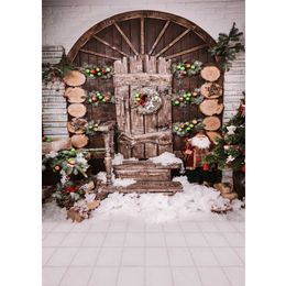 Vinyl Christmas Photo Background Printed Balls Santa Claus Arch Wood Door Garland Winter Snow Baby Kids Photography Backdrops