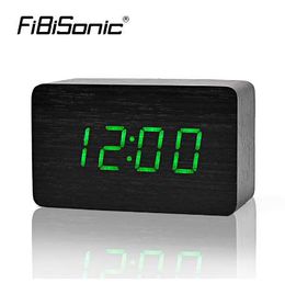 FiBiSonic Wooden Alarm Clocks With Thermometer ,Sound Control Wood Led clocks, Digital Desk&Table Clock