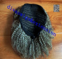 Real hair grey hair weave ponytail 4c afro kinky curly clip in gray human drawstring pony tail hair extension for black women 120g