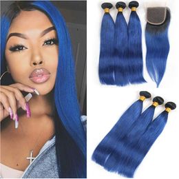 Virgin Brazilian #1B/Blue Ombre Human Hair Weave Bundles with 4x4 Lace Closure Silky Straight Ombre Blue 3 Bundle Deals with Closure