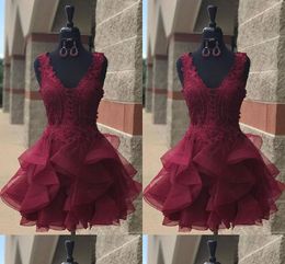 Burgundy Ruffles Cocktail Dresses 2019 V-neck Cap Sleeve Lace Open Back Short Prom Dresses Graduation Dress For Girls Homecoming Dress