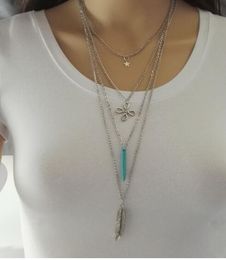 Hot style Fashion vintage turquoise Chinese knot star feather multi-layer necklace sweater chain fashion classic delicate