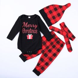 Baby Christmas Costumes Kids Clothing Set Newborn Infant Baby Clothes Christmas Grid Letter Printed For 4Pcs Kids Toddler Xmas Party Outfits