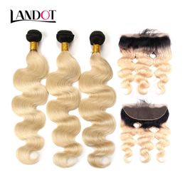 9A Ombre 1B/613 Bleach Blonde 13x4 Spitze Frontal Verschluss mit 3 Bundles brasilianische peruanische malaysische indische Körperwelle reine menschliche Haarwebart