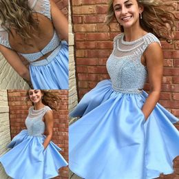 Sky Blue Homecoming Graduation Dresses 2018 with Pocket Sweet 16 Short A-Line Backless Beads Crystal Prom Cocktail Dresses BA6980