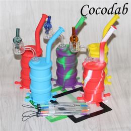 Colourful Hookahs Silicone Oil rigs with glass downstem water pipe dab rig all Clear 4mm 14mm male quartz nails+silicone mats +dabber tools