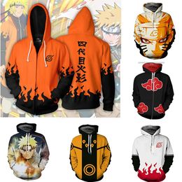Traje de Naruto Cosplay Akatsuki capucha con capucha Naruto Uchiha Itachi Anime Hombres adultos que imprimen con cremallera 3D sudadera con capucha Chaqueta