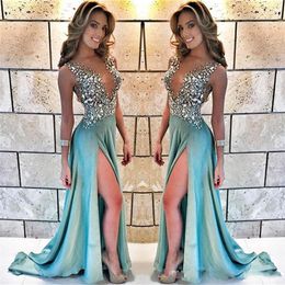 2019 New Sparkly Rhinestones Beaded Sequins Prom Dresses Sexy Side Split Evening Gowns Long Party Wear Custom Made