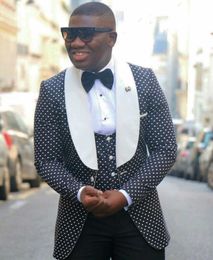 Popular Design Groom Tuxedos One Button Black Dot Shawl Lapel Groomsmen Best Man Suit Wedding Mens Suits (Jacket+Pants+Vest+Tie) J601