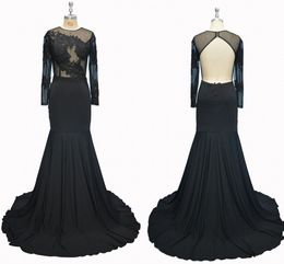 African Prom Dresses Black Cheap Mermaid Illusion Long Sleeve Lace Applique Satin Jewel Neck Keyhole Back Ruched With Little Train