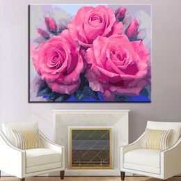 rose acrylic painting UK - Pink Rose Flower Painting By Numbers Hand Painted Acrylic Oil Drawing On Canvas For Adults Home Decor