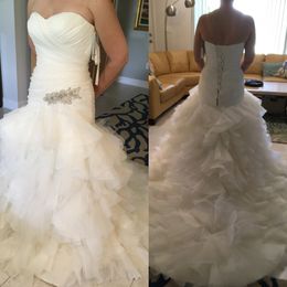 Diamante Applique On Ruffle Organza And Drop Waist Mermaid Plus Size Wedding Dress Sweetheart Neckline And Corset Back Closure Bridal Gown