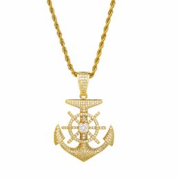 Ship's Anchor Pendant & Necklace Hip hop Jewelry Men's Gold Color Cubic zircon With Rope Chain Hot Seller For Drop shipping