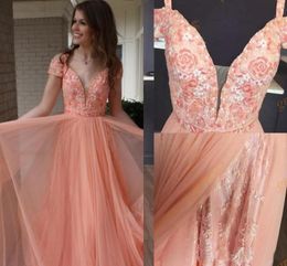 Elegant Long Prom Dresses with Straps and Lace Appliques Peach Tulle & Lace A Line Guest Dress Floor Length Evening Gowns