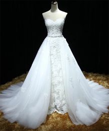 Strapless High Quality Bridal Dresses Two Pieces Applique Lace Wedding Dress Beading Sash with Detachable Skirt Tulle