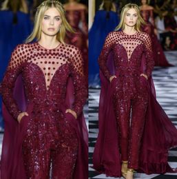 Luxury Burgundy Zuhair Murad Evening Dresses Long Sleeve Jewel Neck Prom Gowns Custom Formal Red Carpet Jumpsuit Party Dress With Pocket