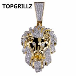 TOPGRILLZ Hip Hop Gold Colour Plated Iced Out Micro Pave Cubic Zircon Lion Head Pendant Necklace Charm For Men Jewellery Gifts