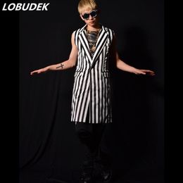 Plus Size Male Black White Stripes Long Vest Stage Costume Bar Nightclub Punk Singer Coat Star Concert Rock Hip-Hop Performance Clothing