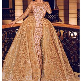 Dubai Luxury Celebrity Prom Dress With Detachable Overskirt Jewel Neck Long Sleeves Beads Applique Party Dress Saudi Mermaidd Evening Dress
