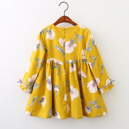 2 Cor Do Bebê menina INS flores vestido 2018 New kids fashion amarelo azul Dos Desenhos Animados flores padrão de manga longa Vestidos B001