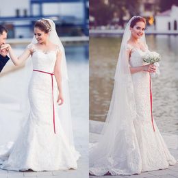 Elegant 2018 Lace Mermaid Wedding Dresses With Red Sash Sheer Scoop Neck Capped Sleeve Bridal Gowns Plus Size Custom Made EN2052