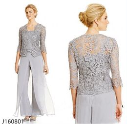 Classy Lace Mother Of The Bride Pant Suits With Jacket Chiffon Three Pieces Wedding Guest Dress Plus Size Mothers Groom Dresses2108