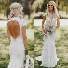 Full Lace Boho Country Wedding Dresses Capped Sleeves Sexy Open Backless Mermaid Beach Wedding Gowns Sexy V-Neck Plus Size Wedding Dress