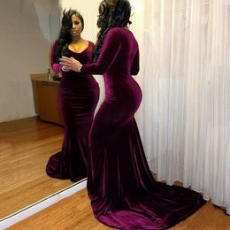 African Nigerian Simple Burgundy Plus Size Evening Dresses V Neck Velvet Long Sleeves Floor Length Mermaid Prom Dresses dresses Evening Wear