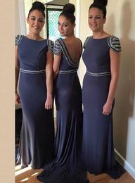 Cheap Scoop Grey Neck Beads Sequined Long Bridesmaid Gowns Guest Dresses Formal Maid Of Honour Wedding Party