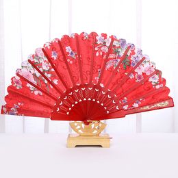 Hot stamping Floral Chinese Silk Dancing Fans for Women Folding Handheld Portable Fans for Wedding Plastic Fan 10pcs/lot