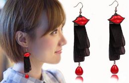 new hot Korean long black yarn ribbon lace lips earrings girls pop fashion accessories fashion classic delicate elegance
