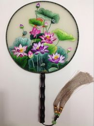 Small Round Handle Natural Silk Fabric Fan Decoration Women Hand Held Fan Traditional Full Handmade Double Embroidered Wedding Gift Fan