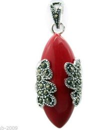 VINTAGE 925 STERLING SILVER RED CORAL GEMSTONE MARCASITE PENDANT 40X15MM