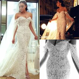 Off Shoulder Mermaid Wedding Dresses Full Lace Appliques Beaded Tulle Bridal Gowns Sweetheart Side Split Wedding Dress With Long Wrap