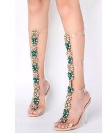2018 Brand Summer Shoes Woman Narrow Band Buckle Straps Knee High Booties Shiny Rhinestone Clear Heels Crystal Gladiator Sandals