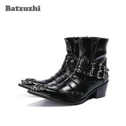 2019 Handmade Rock Men Boots Ankle Pointed Toe Black Leather Boots Men with Buckles 6.5cm Heels Military Short Boots for Men Botas Hombre