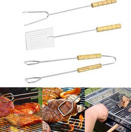 Practical skewer for picnic barbecue stainless steel three-piece suit Wooden skewers Outdoor barbecue accessories three set SN1415