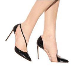 2018 Newest Black Patent Leather Women Clear PVC Patchwork Pumps Thin Leather Buckle Ladies Sexy High Heels Party Stiletto 10CM