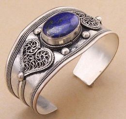 Vintage Old Silver Lapis Lazuli Bead Cuff Bracelet Tibet Silver Heart