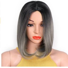 Short Bob Wigs Ombre Grey And Red Wig Straight Synthetic Wig For Women High Temperature Fibre Hair 12 Inches