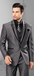 Excellent Grey Groom Tuxedos Peaked Lapel One Button Groomsmen Wedding Suits Men Party Prom Suits(Jacket+Pants+Tie+Vest) NO;866