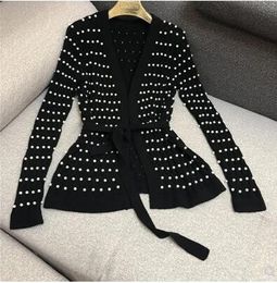 New design women's autumn european fashion v-neck long sleeve luxury handmade beading sashes slim waist knitted sweater coat cardigans