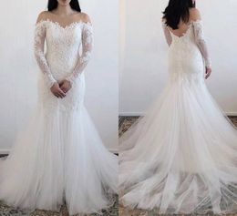 2019 Mermaid Wedding Dresses Off The Shoulder Lace Appliques Beads Backless Long Sleeve Bridal Gowns Country Plus Size Wedding Dress