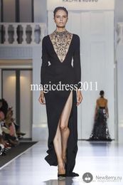 Zuhair Murad Black Evening Prom Dresses with Long Sleeve Elie Saab Sheath High Neck Split Formal Celebrity Gowns Dress for Party Wear
