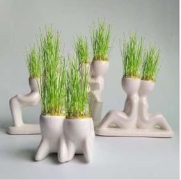 Flower Pot for Plants Flowerpot Ceramic Mini Cute Novel Bonsai Head Grass Doll Hair White Lazy Man Rely Plant Garden DIY