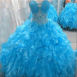 2017 Sexy Sweetheart Crystal Blue Ball Gown Quinceanera Dress with Sequin Organza Plus Size Sweet 16 Dress Vestido Debutante Gowns BQ111