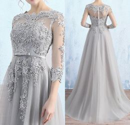 2019 Light Grey Sheer Neck Illusion Long Sleeves Lace Applique Prom Dresses Zipper Back Sweep train Party Mother of the Bride Dress