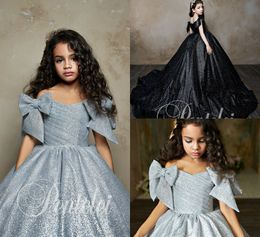 Pentelei 2019 Ball Gown Flower Girl Dresses For Wedding Sequined Off The Shoulder Bow Sweep Train Girls Pageant Dresses Custom Mad257S
